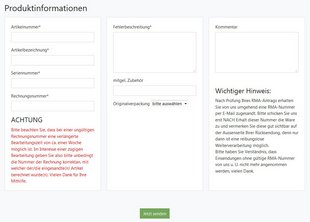 Eingabe der Produktdaten Eingabe der Produktdaten